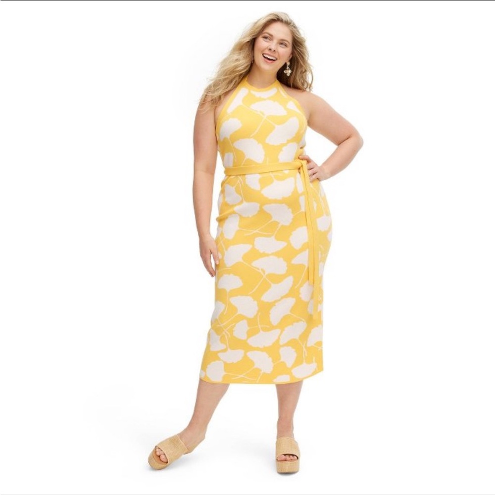 NWT Diane Von Furstenberg Halter Toe Neck Gingko Yellow midi dress xxl